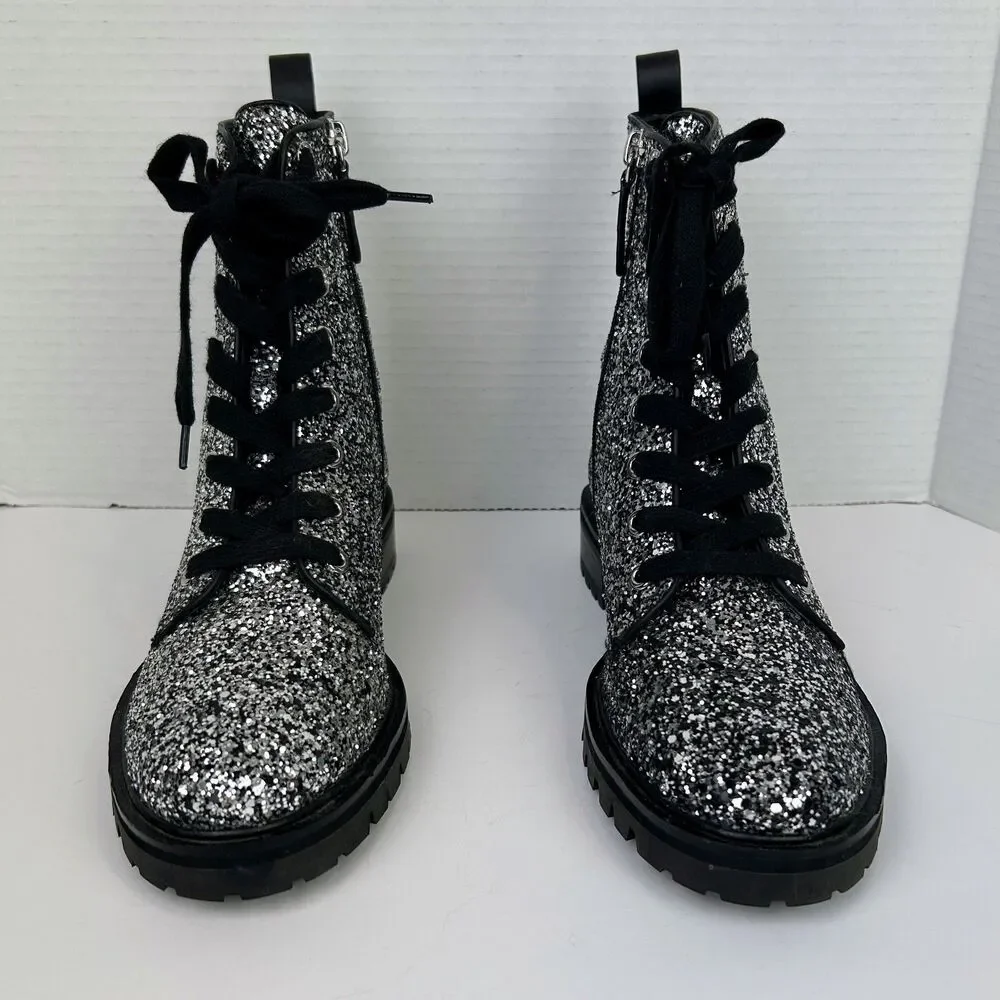 Kate Spade Jemma Glitter Combat Boots Lace Up Shoes Sparkle Leather Silver 7.5